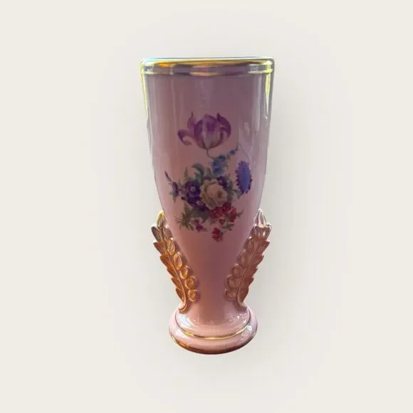 Vintage Art Deco Vase Pink Flowers Gold Trim