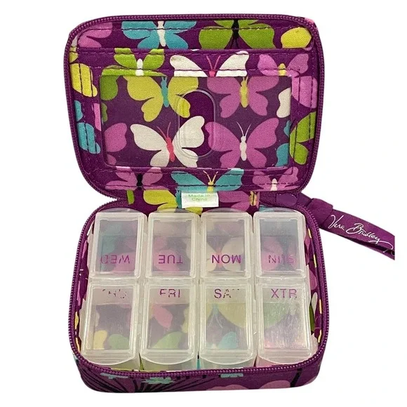 Vera Bradley Flutterby Purple Butterfly Floral Pill Organizer Case Holder Pouch