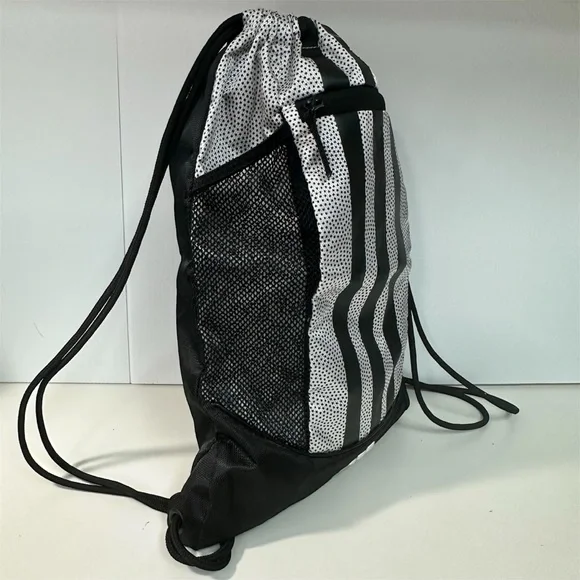 ADIDAS Gray & White Striped Soccer Drawstring Bag Backpack Shoes Cleats Light