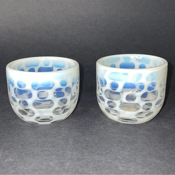Pair of Crate & Barrel Art Glass Moonstone Lacy Votive Candle Holders 2 1/4
