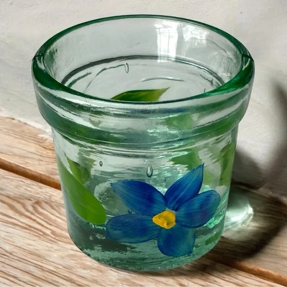 Crate & Barrel Green Glass Votive Tea Light Candle Holder Flower Hand Painted
