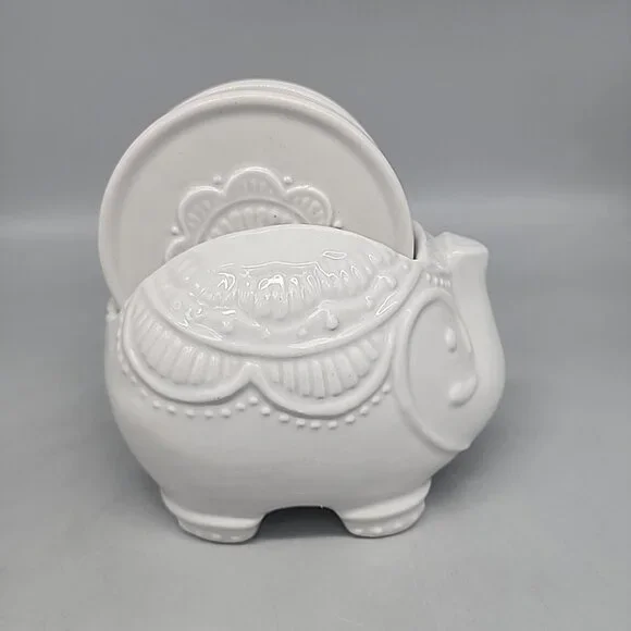 Elephant Ceramic Safari Stand w/coaster Set of 4 Gray