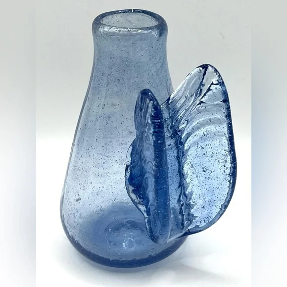 Handblown Small Blue Art Glass Bud Angel Wings Flower Vase 4.5 in Height