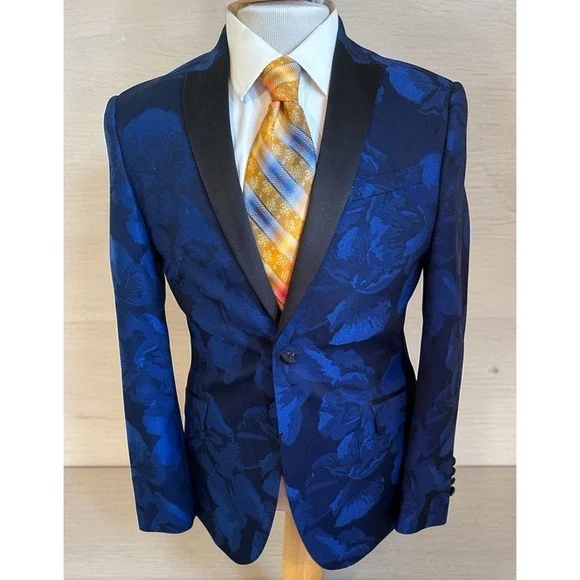 J.Ferrar Mens Blue Black Floral Stretch Fabric 38S Slim Fit Tuxedo Jacket Blazer