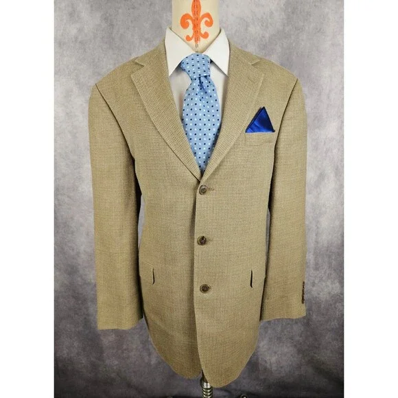 Stafford Mens Blazer Sports Coat Jacket Silk Wool Blend Plaid Tan Brown 42R EUC