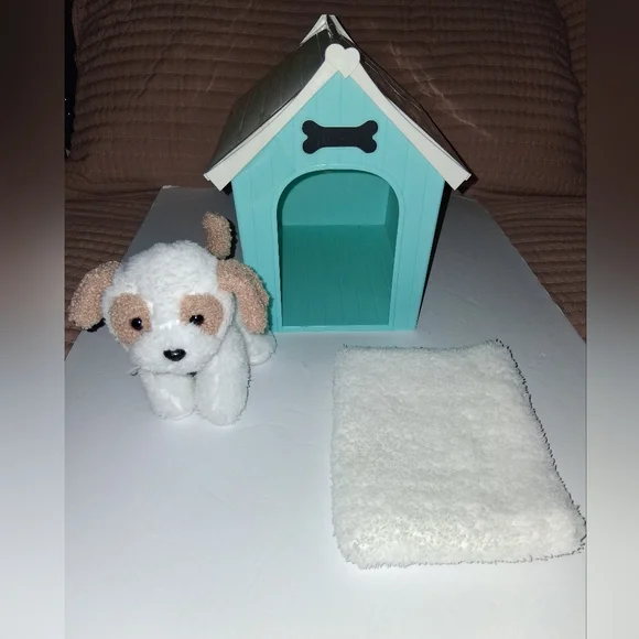 Our Generation Aqua and White Dog House Set with Plush Toy Pre-owned Good Condit