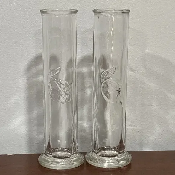 Test Tube Embossed Lemon Peach Fruit Bud Glass Vase Signed Les Verres Lot Of 2