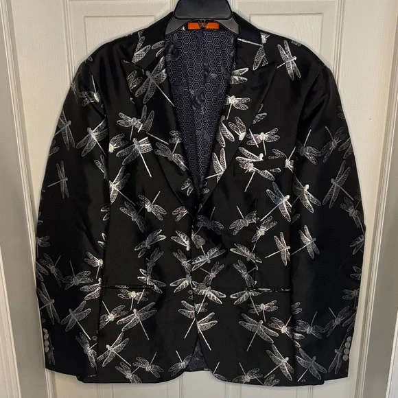TALLIA Black Suit Coat with Silver Dragonfly Pattern