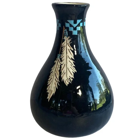 Vintage Native American Pottery Vase Hand Painted Glossy Black Feathers Signed