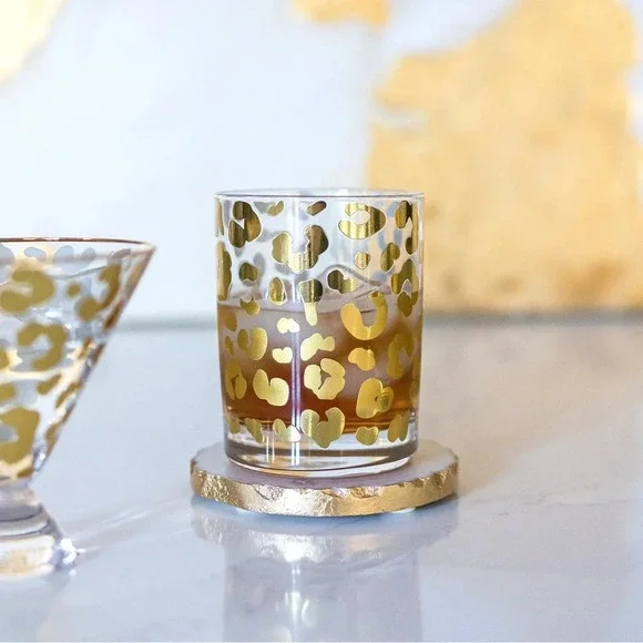 Mary Square Gold Foil Leopard 12 ounce Glass Cocktail Old Fashioned set of 4
