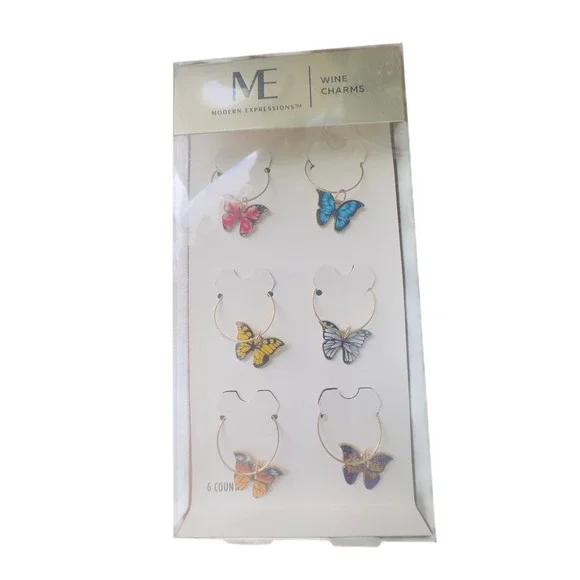 Modern Expressions Butterfly Wine‎ Charms Set 6 Count Gold Tone Enamel