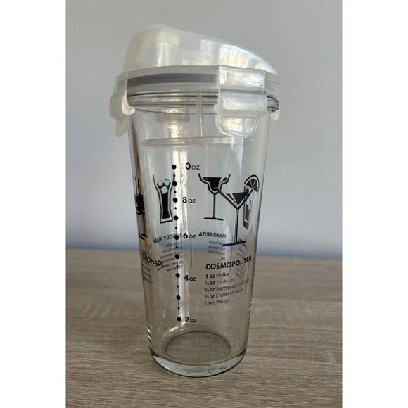 Glasslock Shaker Glass Cocktail Mixer With Drink Recipes & Measurements 2-10 Oz