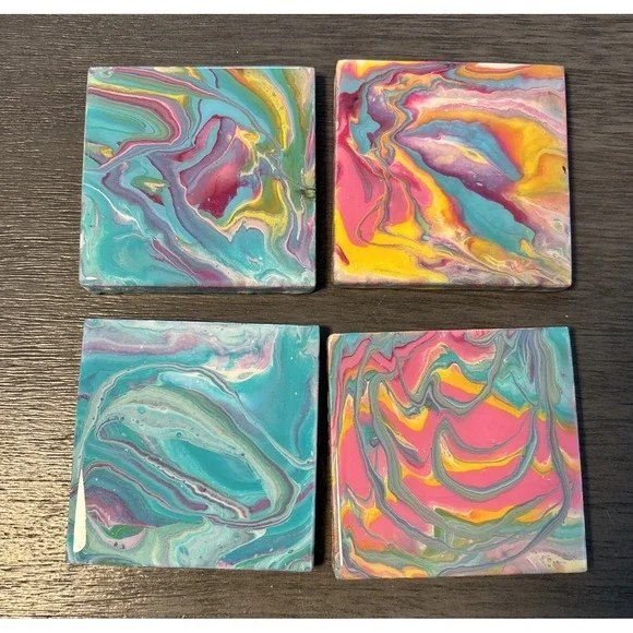 Acrylic Pour Painted Square‎ Wood With Epoxy Resin Coasters Set Of 4