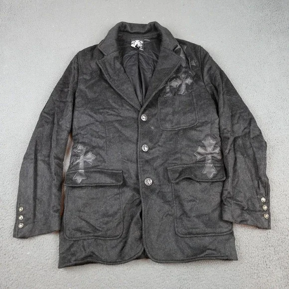 Raw-7 Royalty Blazer Mens 42 Gray Cashmere Gothic Cross Leather Jacket Rock