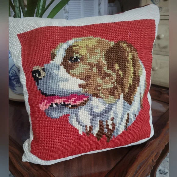 Dog Needlepoint Pillow Red and Brown 12