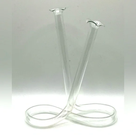 VTG Hand Blown Infinity Tube Clear Glass Double Bud Vase Ruffled Edges MCM