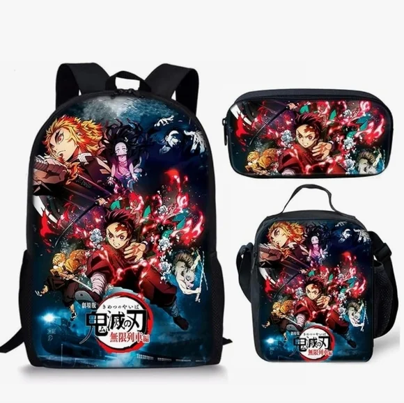 NIB Deamon slayer anime backpack, lunchbag and pencil case set