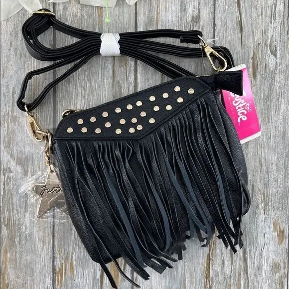Justice Girls Fringe Crossbody Bag Purse Black
