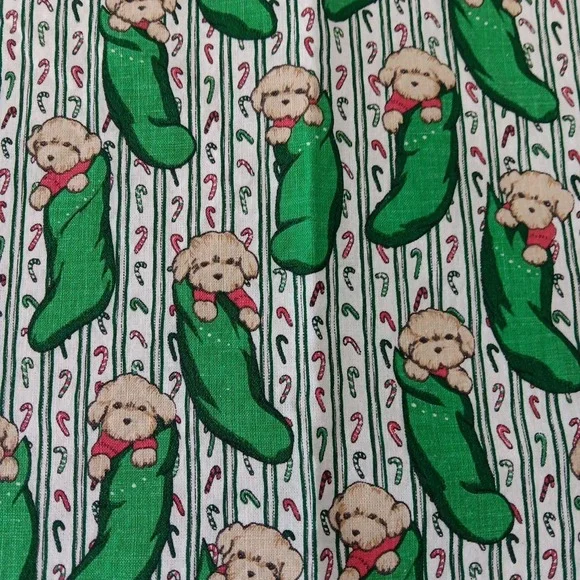 Vintage Cotton Fabric Christmas Puppy in Stocking Holiday Craft Quilt 2 YDS Cute