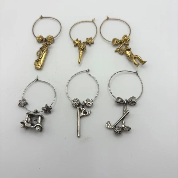 Set of 6 Golf Wine Glass Charms Gold Silver Tone Sports Themed Drink Markers