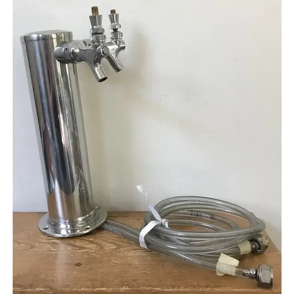 Polished Stainless Steel Dual Faucet Beer Keg Tower & Tubing 12” x 3.25”