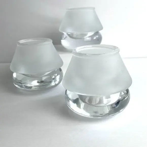 Crate & Barrel Luna Votive Holders Set of 3 Heavy Clear & Frosted Glass Lantern
