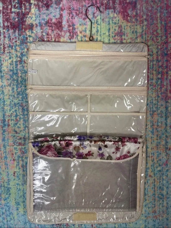 Hanging Makeup Organizer in Beige with Floral Accent