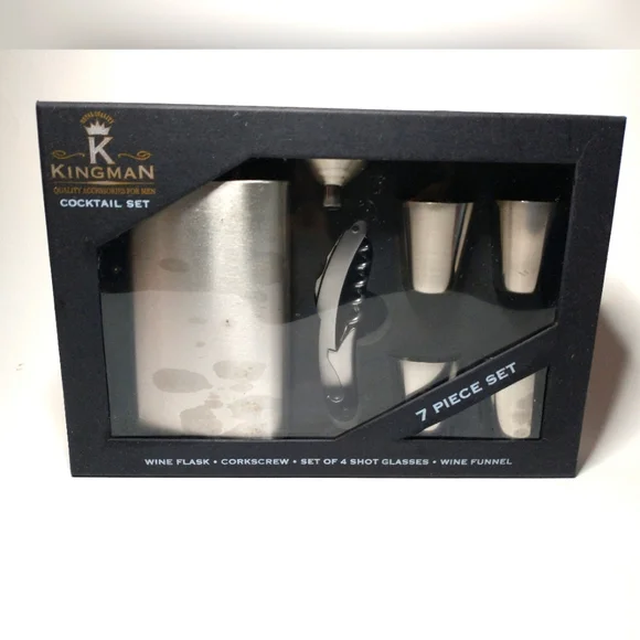 Flask Set Cocktail Set 7pc Kingman Wine Corkscrew Shot Glass 4 Drink Set Gift