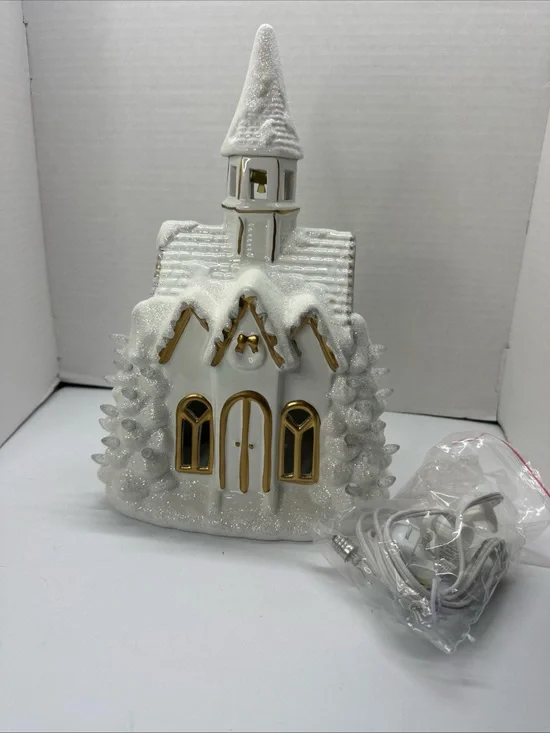 Crate&Barrel White and Gold Light-Up Ceramic Holiday Church