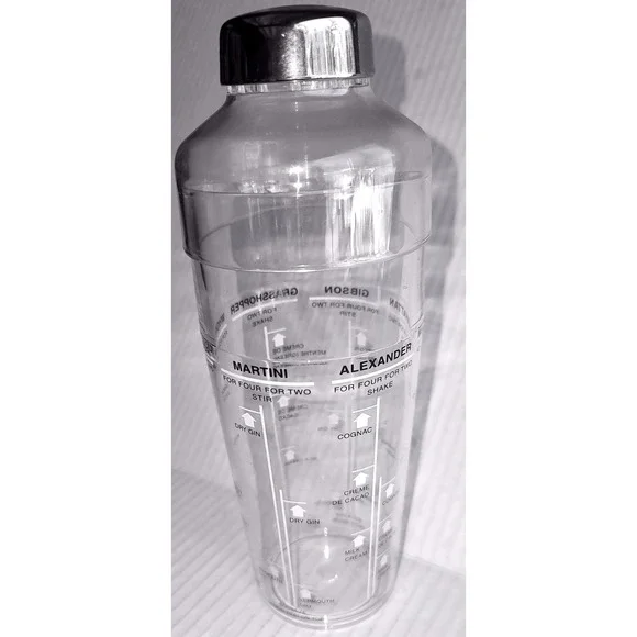Clear Acrylic Cocktail Shaker with Printed Drink Recipes and Measurements 9.5