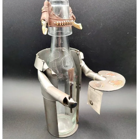 Wine Bottle Holder H&K Steel Sculpture Barbeque Cowboy & Shot Glass Holster