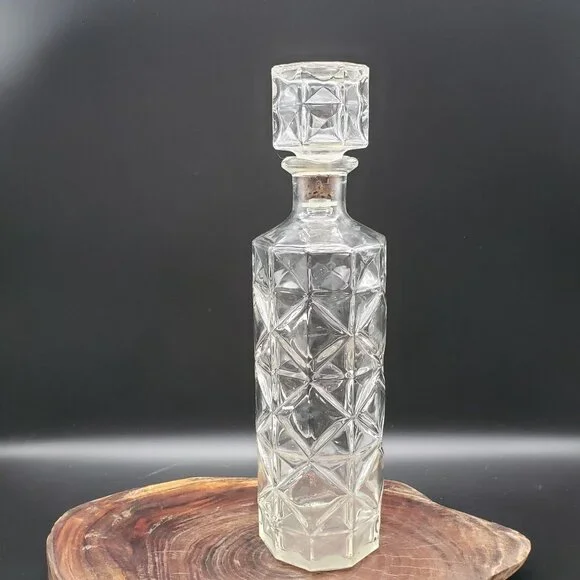 Vintage Pressed Glass Liquor Decanter w Stopper Geometric Pattern 11.5
