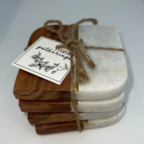 Marble Wood Brass Coasters Set Of 4 Modern Contemporary NEW With Tags