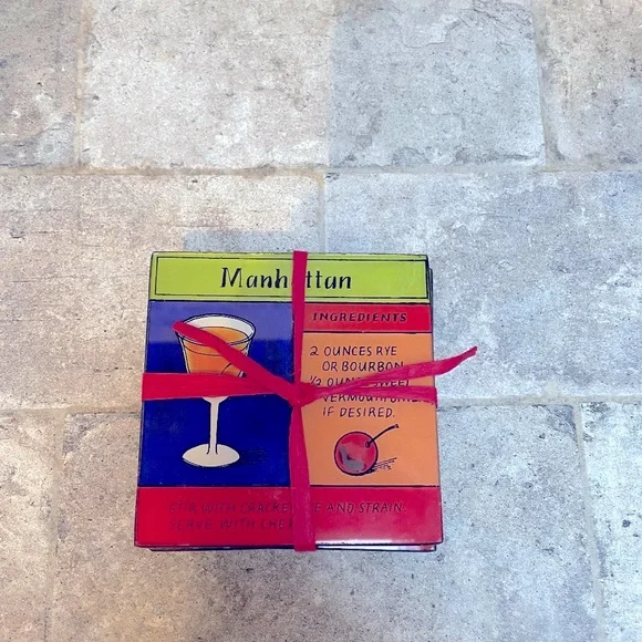 ❤️ CRATE & BARREL PAINTED DRINK RECIPE COASTERS SET OF 4 NEW