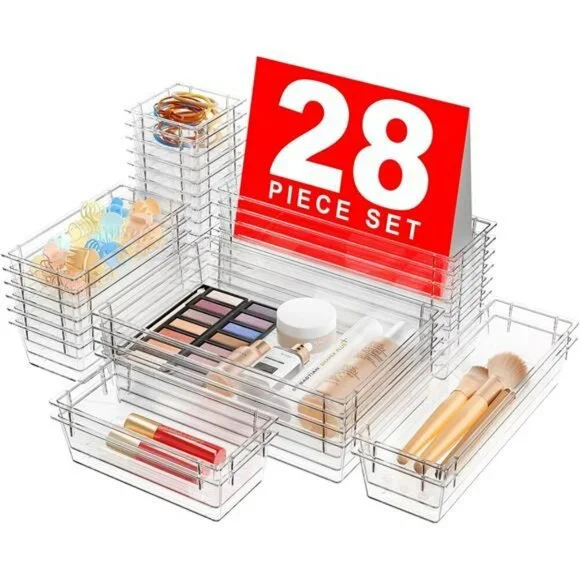 Clear Acrylic Drawer Organizer Set 28 Pc Makeup Vanity Office Storage Bins