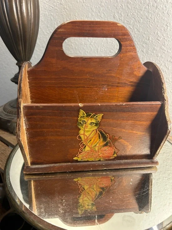 Vintage-Style Brown Wooden Cat Caddy with Yellow Kitten Decals Cute Core