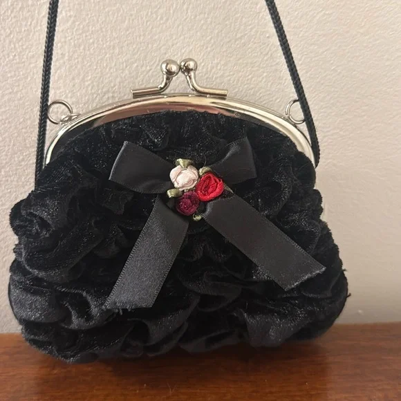 Toby NYC Small Mini Girls Velvet Black Purse With Red Pink Roses Clutch Handbag