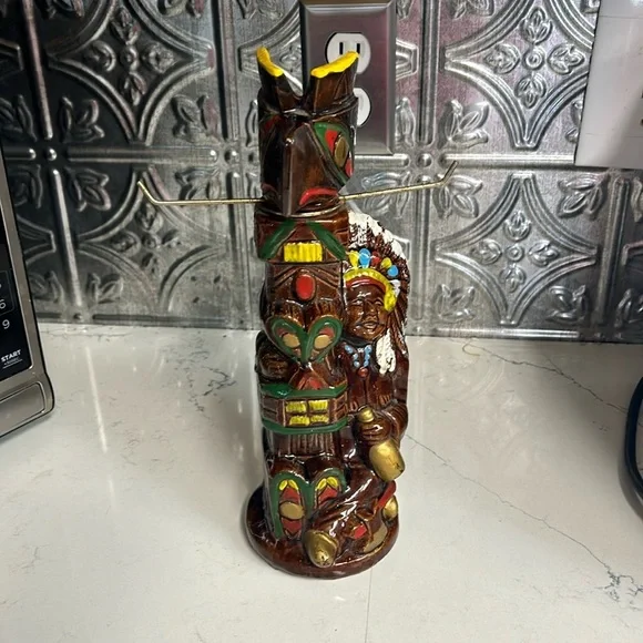 Vintage Totem Pole & Drunk Indian Ceramic Liquor Decanter 10.75
