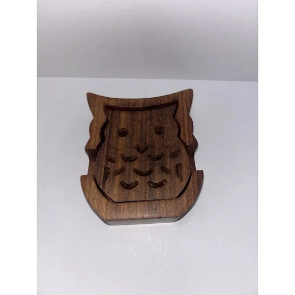 Vintage Wooden Owl Coasters Set Of 4