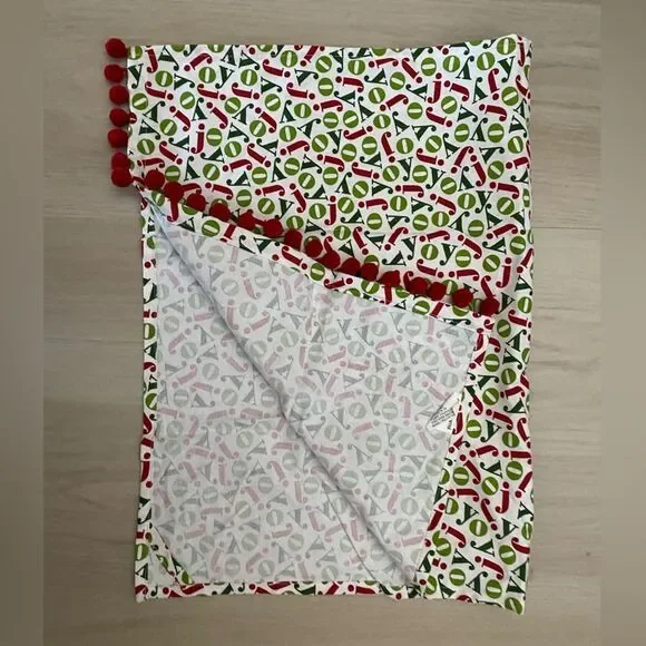 Crate & Barrel Joy Dishtowel with Red and Green Accents with Pom Poms