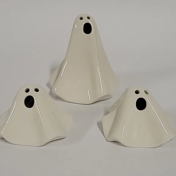 NWT Set of (3) Crate & Barrel Ceramic Halloween LED Screaming Ghosts