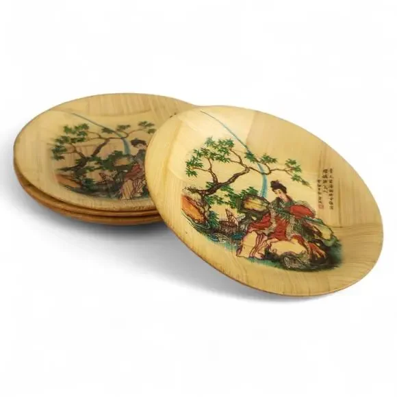 Set of 4 Vintage Chinese Bamboo Coasters Painted Traditional Woman Woven 80s