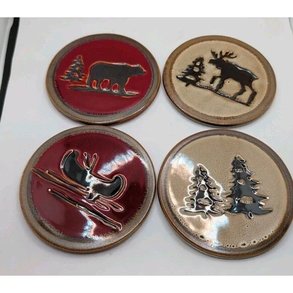 Home Studios Woodland Collection 4 Stoneware Coasters Bear Moose Canoe Pine Tree