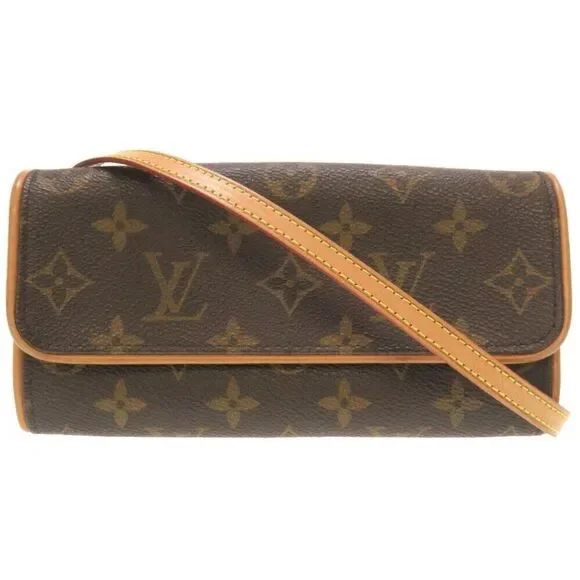 Authentic LOUIS VUITTON Pochette Twin Dark Brown Logo Monogram Shoulder …