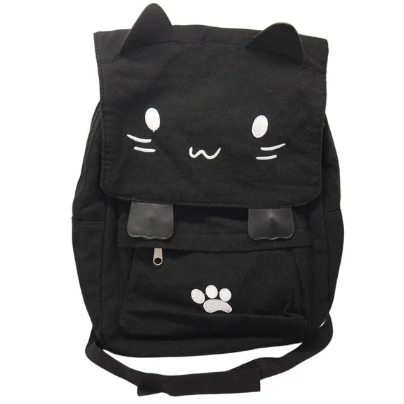 2️⃣ Cute Cat Embroidery Backpack Black Canvas School Bag by Demonchest