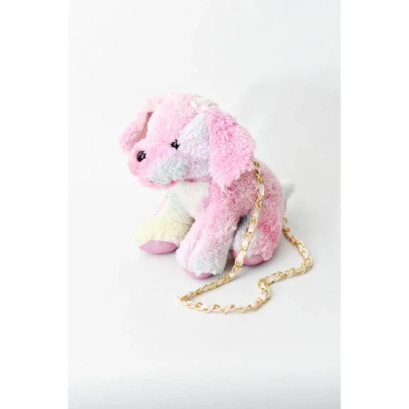 Plush Dog Crossbody Bag Kids OS Pink Pastel Excellent Gold Chain Strap