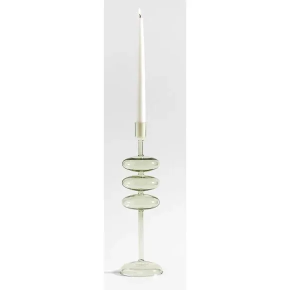 Crate & Barrel Venezia Large Smoke Green Glass Taper Candle Holder 15