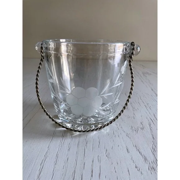 Vintage Midcentury Glass Ice Bucket Etched Floral Design Twisted Metal Handle 5
