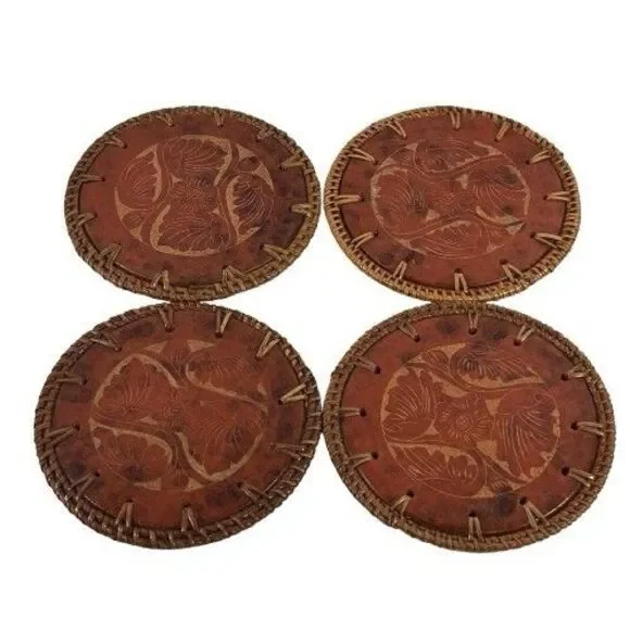 Vintage Pier One Terracotta & Rattan Coasters Set Of 4 MCM Red Stone New w/tags