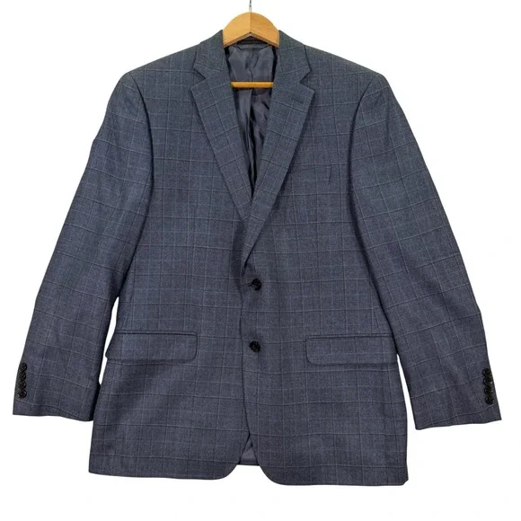 Lauren Ralph Lauren Mens 40R Blazer Blue Silk Wool Windowpane Plaid Sport Coat